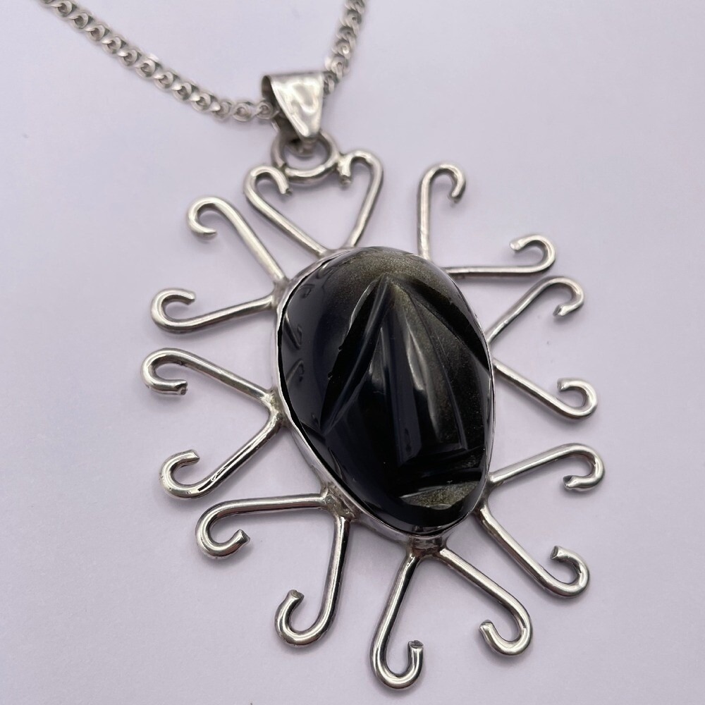 Vintage Taxco Miguel Garcia Warrior Face Pendant Necklace Golden Sheen Obsidian - Picture 5 of 10